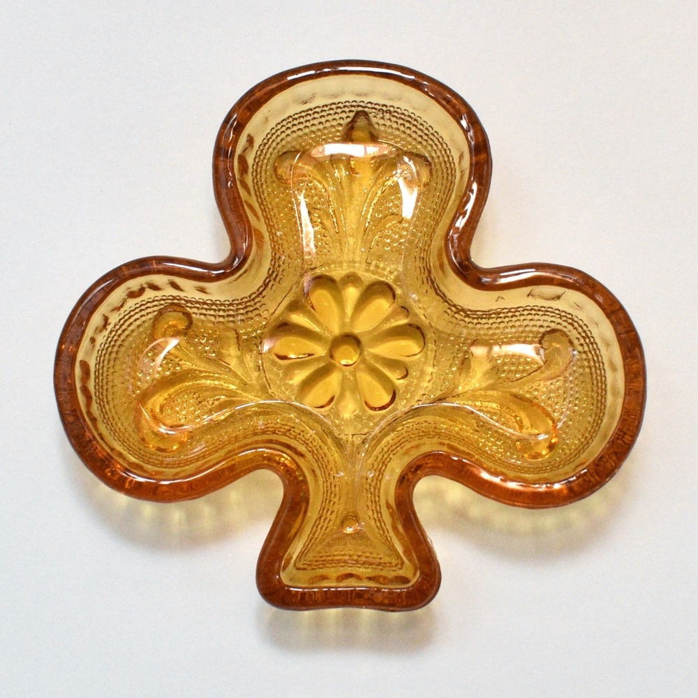 Amber Glass Clover Trinket Dish